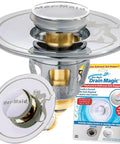 Heavy Duty Slick Universal Sink Stopper Replacement Chrome Bath Plug Bathroom Upgrade with instructional packaging and chrome finish.