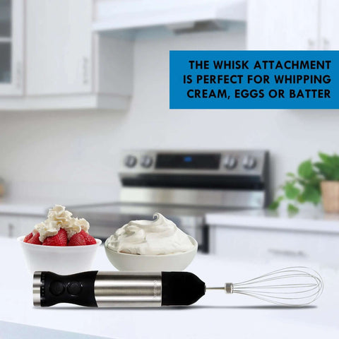 Badass Handheld Immersion Blender With Turbo Pulse Power And Four Rock Solid Stainless Blades, Includes Quick Snap Chopper Bowl And Wire Whisk To Crush Blending Jobs Without Breaking A Sweat next to whipped cream and strawberries.