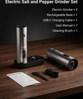 Xinkor Electric Salt And Pepper Grinder Set With Usb Rechargeable Charging Base, stainless steel grinders and accessories on a wooden table.