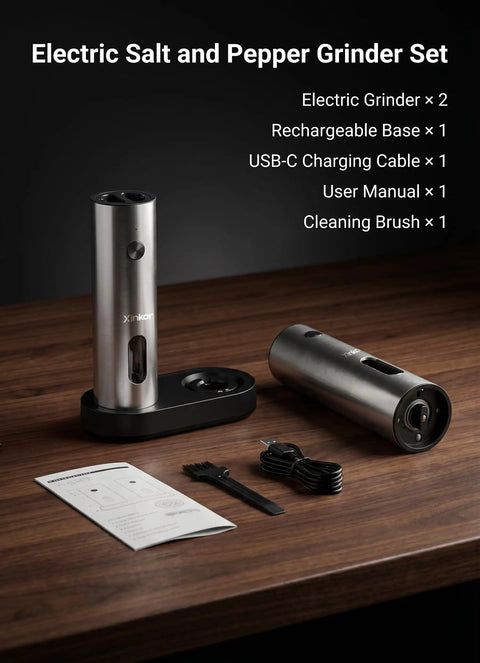 Xinkor Electric Salt And Pepper Grinder Set With Usb Rechargeable Charging Base, stainless steel grinders and accessories on a wooden table.