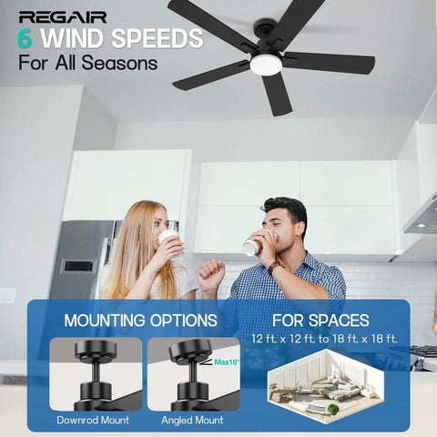52 Inch Ceiling Fan With Light Remote Control Reversible DC Motor Noiseless 3 CCT Dimmable Timer Black Cool Sleek Modern Indoor