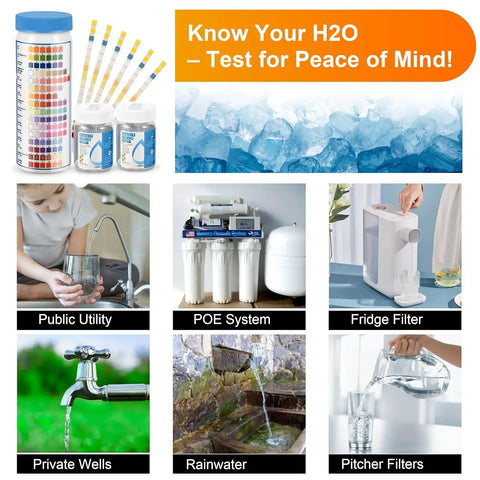 Complete 17 Parameter Drinking Water Test Strips With Two Bacteria Detection Kits For Home Well Tap And Floodwater Testing, water quality kits displayed.