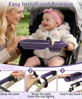 Mother attaches 3 In 1 Modular Stroller Snack Tray With Universal Fit Dual Lock Attachment For Strollers Shopping Carts Joggers And Bugaboo to stroller, with silicone bowls and cup holder visible.