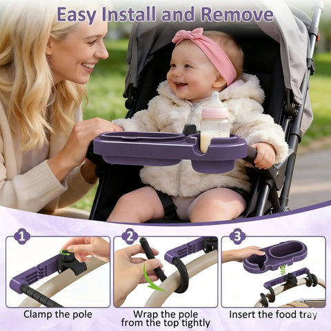 Mother attaches 3 In 1 Modular Stroller Snack Tray With Universal Fit Dual Lock Attachment For Strollers Shopping Carts Joggers And Bugaboo to stroller, with silicone bowls and cup holder visible.