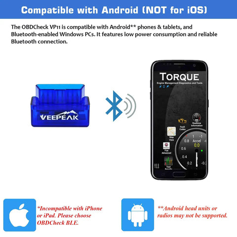 Android Only Bluetooth OBD2 Scanner For Cars Plug And Play Wireless Check Engine Codes Reader And Diagnostic Tool Works With Android Phones And Tablets Not For iOS, with Bluetooth connection illustration.