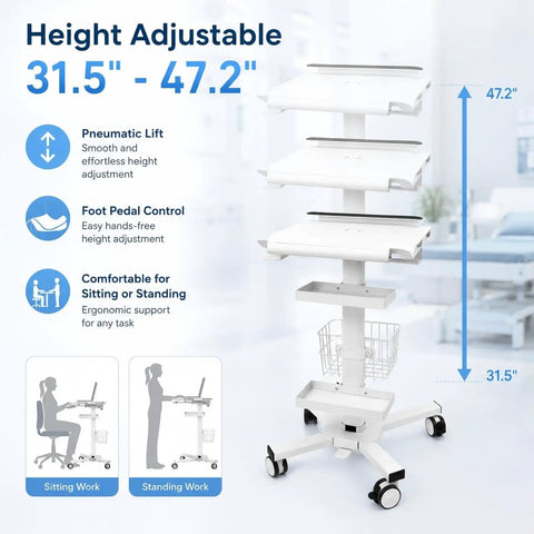 Legit Anti Theft Medical Laptop Cart With Smooth Height Adjustments And Built In Scanner Bracket Using Rock Solid Locking Casters Plus Roomy Storage Trays For Clinic Or Hospital Crews Who Need A Dependable Mobile Station, showing height adjustment feature from 31.5" to 47.2".