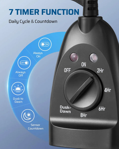 Heavy Duty Outdoor Timer Outlet Waterproof Dusk To Dawn Sensor Switch with timer settings for outdoor lighting control.
