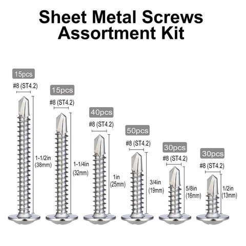 Size 8 Self Tapping Screws Assortment Kit For Metal, 410 Stainless Steel Self Drilling Screws In 6 Sizes, 180 Pieces