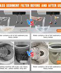 40 Micron Brass Sediment Filter for washing machines, showing before and after use with clean water comparison