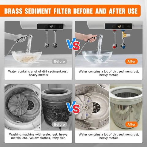 40 Micron Brass Sediment Filter for washing machines, showing before and after use with clean water comparison