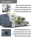 Heavy Duty Benchtop Mini Metal Lathe With Fast Gears For Straight Up Precision And No Sweat Metric Imperial Setup On A Sturdy 8 By 32 Bed Powered By A Strong 1100 Watt Motor That Cuts Threads Smooth As Gold showing three-jaw chuck and spindle.