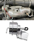 Turbo wastegate vacuum actuator (metal) with mounting bracket; two views: installed on engine bay and close-up view