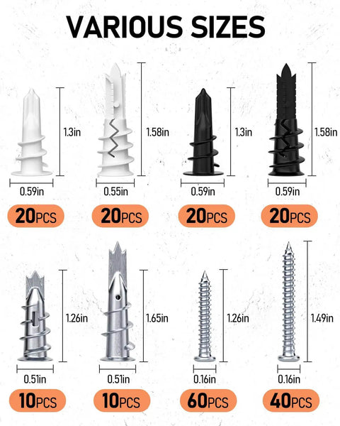Various sizes of anchors and screws from All In One 200 Piece Drywall Anchors And Screws Kit Self Drilling With Case DIY Friendly Mounting