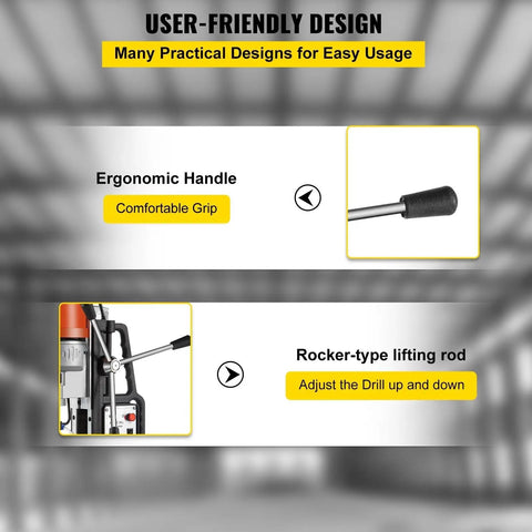 MD50 50mm Magnetic Drill Press Kit With Powerful 1680W Motor showing ergonomic handle and rocker-type lifting rod for easy use.