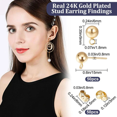 24K Gold Plated Stainless Steel Ball Stud Earring Findings 50 Pcs With Loops 6mm Posts For DIY Jewelry Making on model