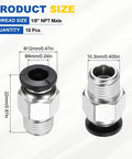 Diagram of 10 Pack Heavy Duty Push To Connect Pneumatic Fittings 1/8 NPT Male, 0.24 Inch Tube OD, Nickel Plated Brass Quick Connect Adapters
