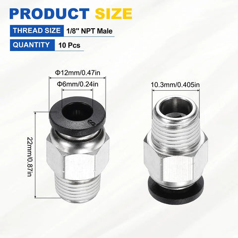 Diagram of 10 Pack Heavy Duty Push To Connect Pneumatic Fittings 1/8 NPT Male, 0.24 Inch Tube OD, Nickel Plated Brass Quick Connect Adapters