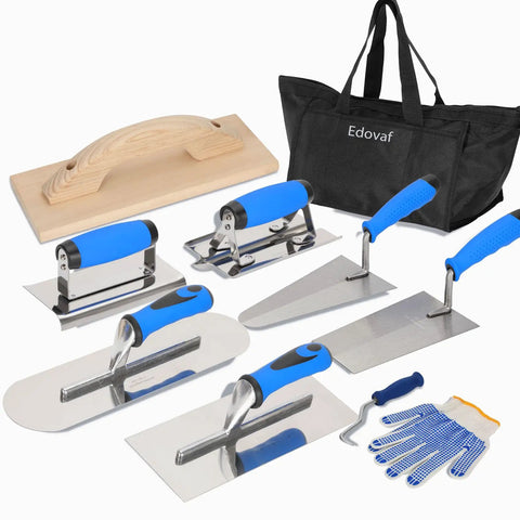 10 Piece Concrete Trowel Tool Set For Masonry Pro Grade Hand Tool Kit with trowels, wood float, gloves, and tool bag displayed.