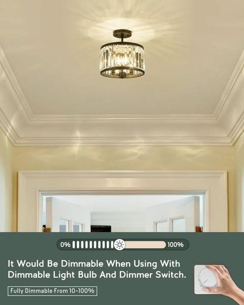 Semi Flush Mount Ceiling Light Fixture With 11 Inch Crystal Beads, 3 Light Modern Lamps In Matte Black Finish For Bathroom, Dining Room, Hallway And Bedroom, Glam Crystal Chandelier Style Home Lighting