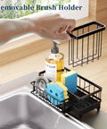 Auto Draining Sponge Holder For Kitchen Sink With Detachable Rack And High Brush Holder, spout channels water, black