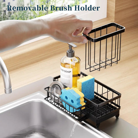 Auto Draining Sponge Holder For Kitchen Sink With Detachable Rack And High Brush Holder, spout channels water, black