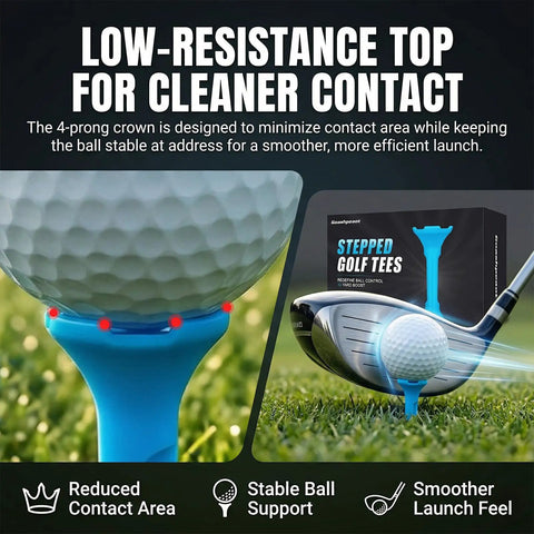 Stepped Golf Tees Set 110 Count Plastic Tees With Fixed Height Stops for Consistent Drives shown with golf ball on tee