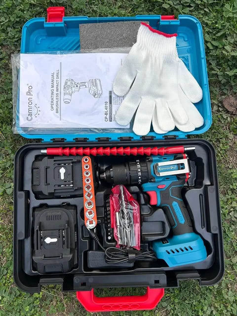 Badass 21V Rechargeable Cordless Drill Kit with 10mm Keyless Chuck and Dual Speed Settings featuring accessories and manual in case.