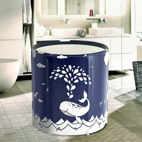 Portable Folding Bathtub For Adults, Japanese Style Soaking Spa With Thermal Foam, Freestanding Ice And Hot Tub, Whale Blue in bathroom.