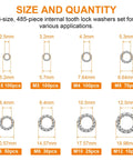 Size chart of Internal Tooth Star Lock Washers Kit 304 Stainless Steel Assortment With 485 Pieces In 8 Sizes M2.5 To M12 for fastening.