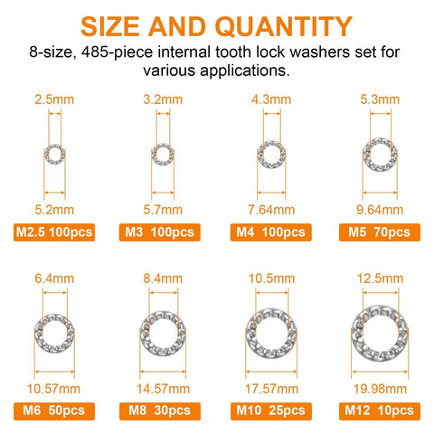 Size chart of Internal Tooth Star Lock Washers Kit 304 Stainless Steel Assortment With 485 Pieces In 8 Sizes M2.5 To M12 for fastening.