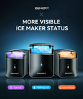 Three Euhomy portable sonic ice machines with app control showing ice statuses: Ice Full, Making Ice, Low Water.