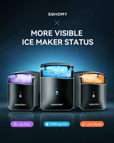Three Euhomy portable sonic ice machines with app control showing ice statuses: Ice Full, Making Ice, Low Water.