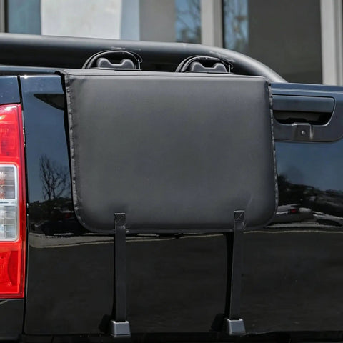 Premium Bike Tailgate Pad For Cybertruck featuring heavy duty hook and loop straps on a black truck tailgate, 52.5 x 38cm.