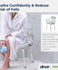 Person seated on PreserveTech 360 Degree Swivel Shower Chair with arms and back, in bathroom for safe bath transfers.
