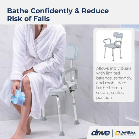 Person seated on PreserveTech 360 Degree Swivel Shower Chair with arms and back, in bathroom for safe bath transfers.