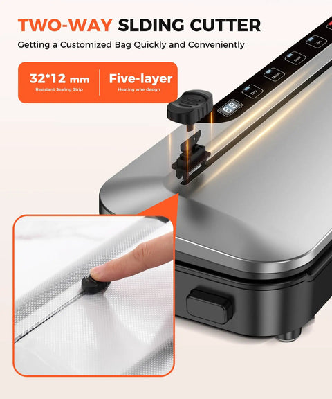 Close-up of digital timer and two-way sliding cutter on Vacuum Sealer Machine 75KPa With 6-In-1 Dry And Moist Modes Black Silver