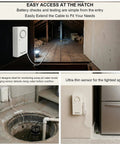 Water Leak Sensor Alarm in basement setup with cable showing usage for moisture detection.