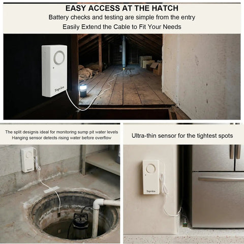 Water Leak Sensor Alarm in basement setup with cable showing usage for moisture detection.