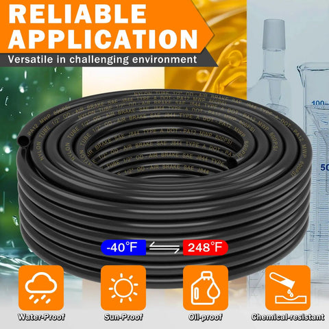 PA12 Nylon DOT Air Line One Half Inch OD Pneumatic Tubing, 100 Feet Long, SAE J844 Compliant, black coil, temperature resistant