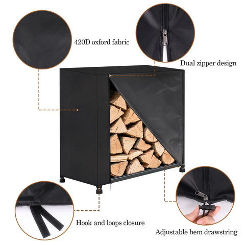 4ft Firewood Rack Cover Waterproof 420D Oxford Outdoor Storage with Zipper Drawstring and Windproof Straps All Weather Log Holder
