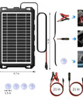 9W Solar Battery Trickle Charger And Maintainer Kit for Cars shown with dimensions, connectors, and suction cups.