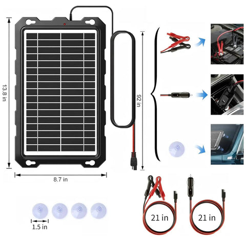 9W Solar Battery Trickle Charger And Maintainer Kit for Cars shown with dimensions, connectors, and suction cups.