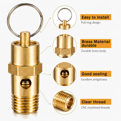 Quarter Inch NPT 200 PSI Brass Air Compressor Pressure Relief Valve Safety Check Valve Vent For Air Systems detail view