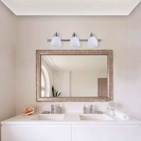 Jayden Five Piece All In One Bathroom Set Satin Nickel Three Light Vanity Light With White Opal Glass Shades Towel Bar Toilet Paper Holder Towel Ring And Robe Hook Easy Install Modern Bathroom Upgrade