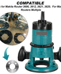 Heavy Duty Template Guide Adapter Fits Makita Routers 3606 3612 3621 3620 shows steel mount and router compatibility.
