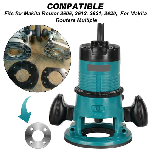 Heavy Duty Template Guide Adapter Fits Makita Routers 3606 3612 3621 3620 shows steel mount and router compatibility.