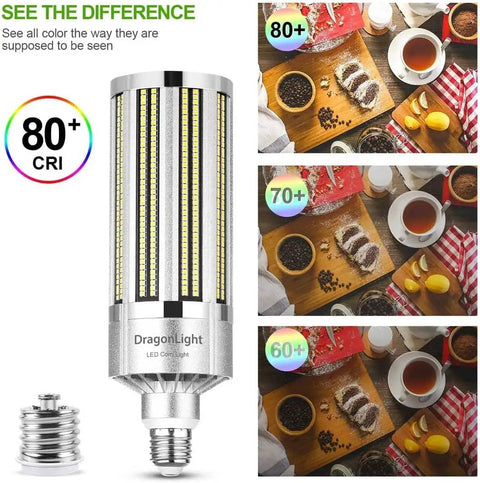 No Fuss 100W Corn LED Bulb for Commercial Lighting with CRI 80+ comparison shown