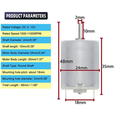 Dimensions and specifications of the 280 DC Mini Motors Kit 10 Pack 3V to 12V Round Shaft Micro Electric Motors.