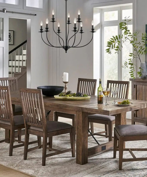 Modern Farmhouse Candle Style Dining Room Chandelier In Black Metal 32 Inch Two Tier Canopy over rustic dining table