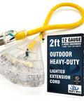 2 Ft Outdoor Extension Cord Waterproof Heavy Duty 12 Gauge With Multiple Outlets and Lighted Plug